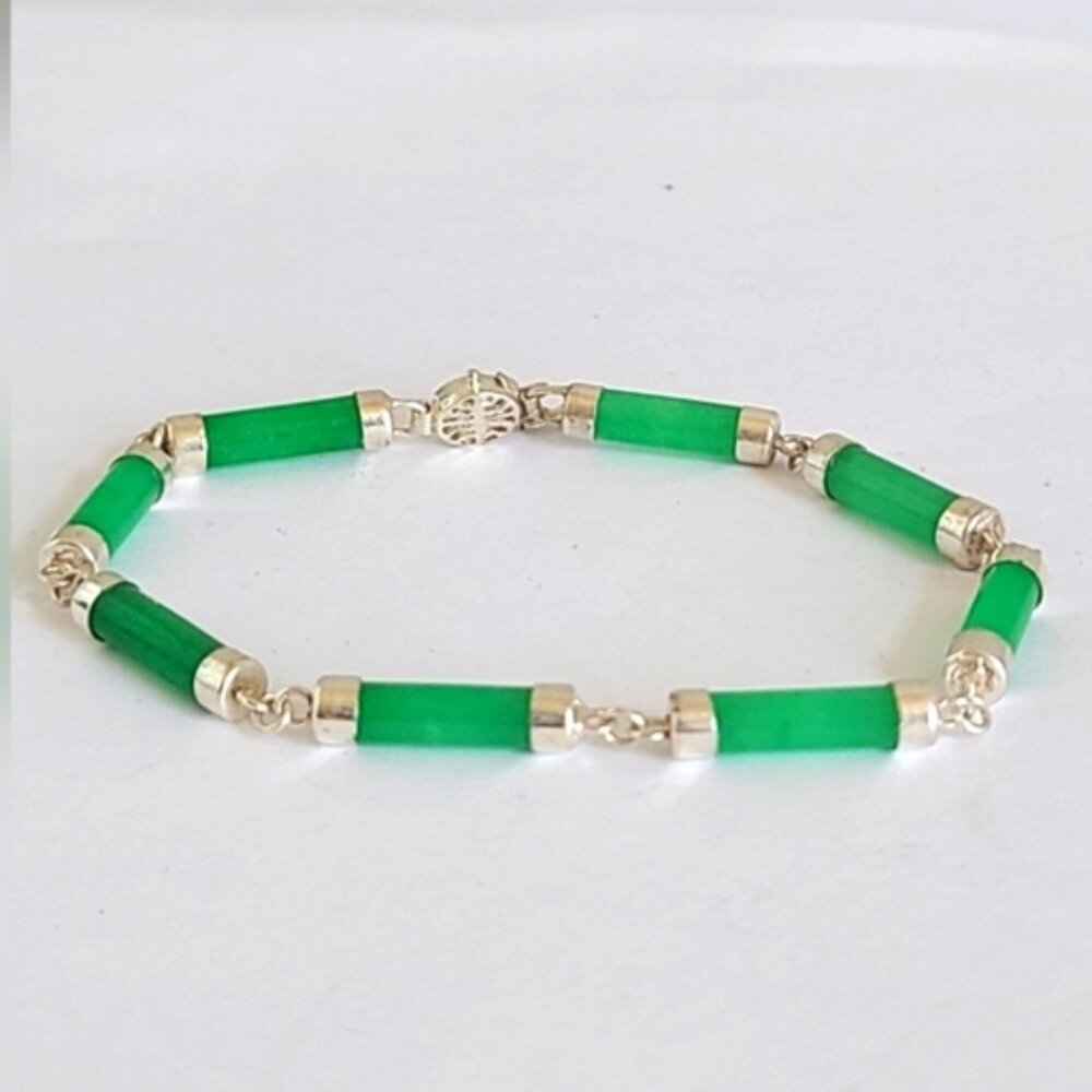Luxury Boho Dyed Green Jade Tube Link Sterling Silver Chain Bracelet 7.5 inch